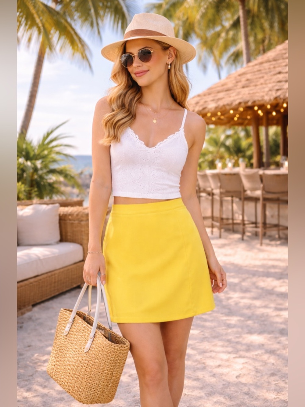 French Connection Yellow A-Line Mini Skirt Casual Resort Wear